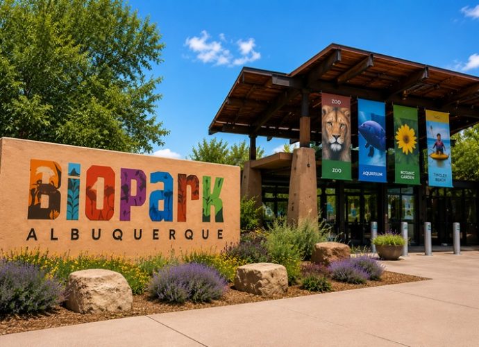 Illustration of the Albuquerque BioPark entrance highlighting ongoing improvements at the Zoo, Aquarium, Botanic Garden and Tingley Beach.