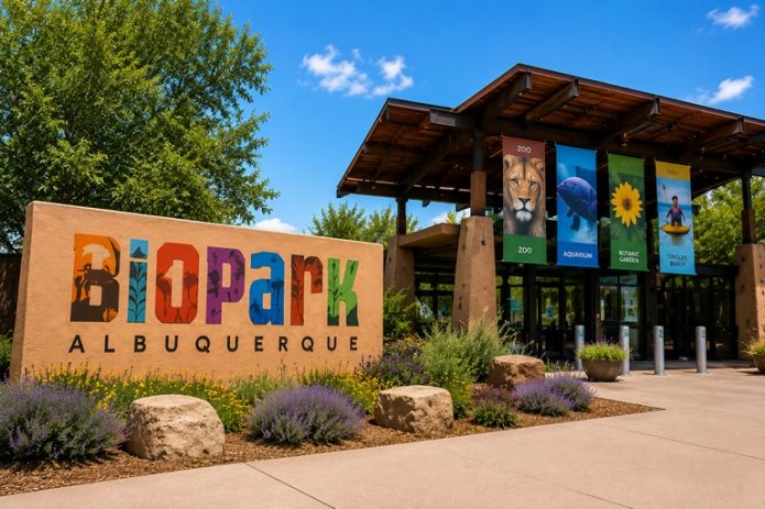 Illustration of the Albuquerque BioPark entrance highlighting ongoing improvements at the Zoo, Aquarium, Botanic Garden and Tingley Beach.