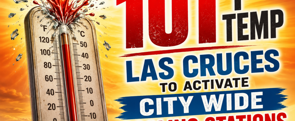Graphic showing 101-degree temperature with an exploding thermometer, announcing Las Cruces citywide cooling stations.
