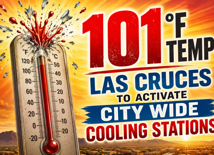 Graphic showing 101-degree temperature with an exploding thermometer, announcing Las Cruces citywide cooling stations.