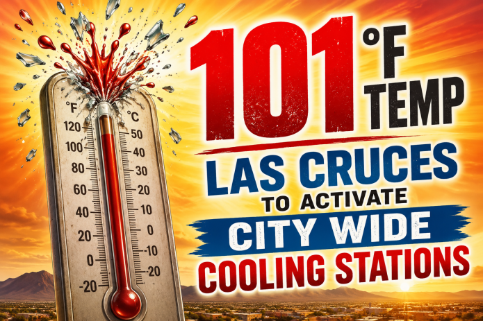 Graphic showing 101-degree temperature with an exploding thermometer, announcing Las Cruces citywide cooling stations.