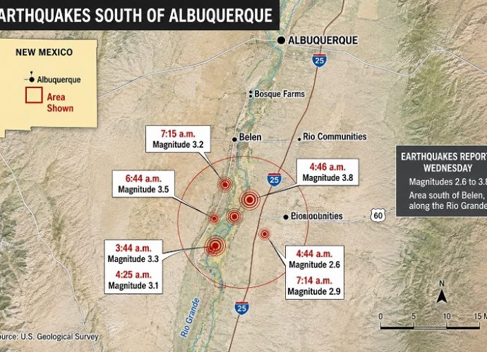 Map showing earthquake locations near Belen, New Mexico, south of Albuquerque, with magnitudes and times of seismic events.