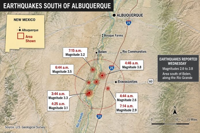 Map showing earthquake locations near Belen, New Mexico, south of Albuquerque, with magnitudes and times of seismic events.