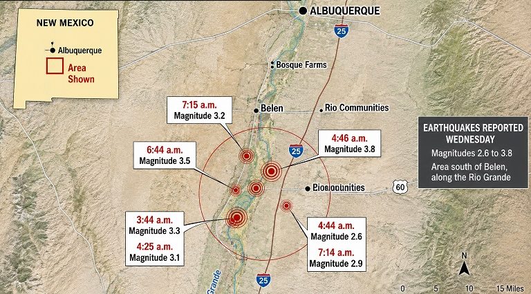 Map showing earthquake locations near Belen, New Mexico, south of Albuquerque, with magnitudes and times of seismic events.
