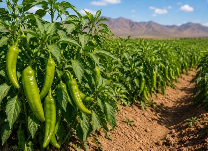 Rows of green chile peppers growing in a southern New Mexico farm field under a sunny sky.