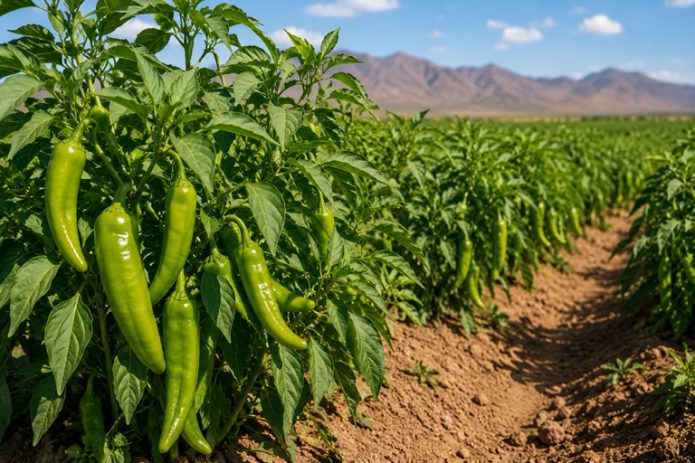 Rows of green chile peppers growing in a southern New Mexico farm field under a sunny sky.