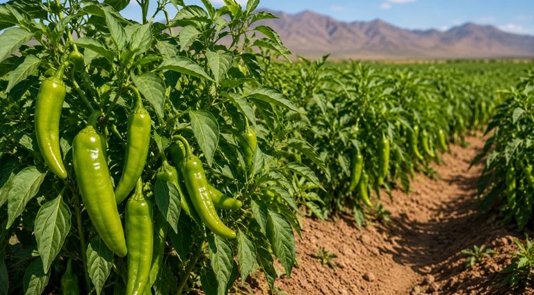 Rows of green chile peppers growing in a southern New Mexico farm field under a sunny sky.