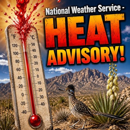 National Weather Service Heat Advisory graphic showing an exploding thermometer, desert mountains, blooming yucca plant and roadrunner.