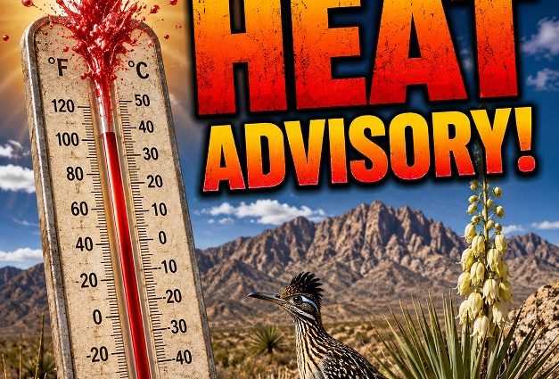 National Weather Service Heat Advisory graphic showing an exploding thermometer, desert mountains, blooming yucca plant and roadrunner.