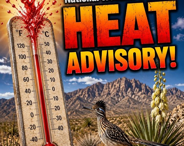 National Weather Service Heat Advisory graphic showing an exploding thermometer, desert mountains, blooming yucca plant and roadrunner.
