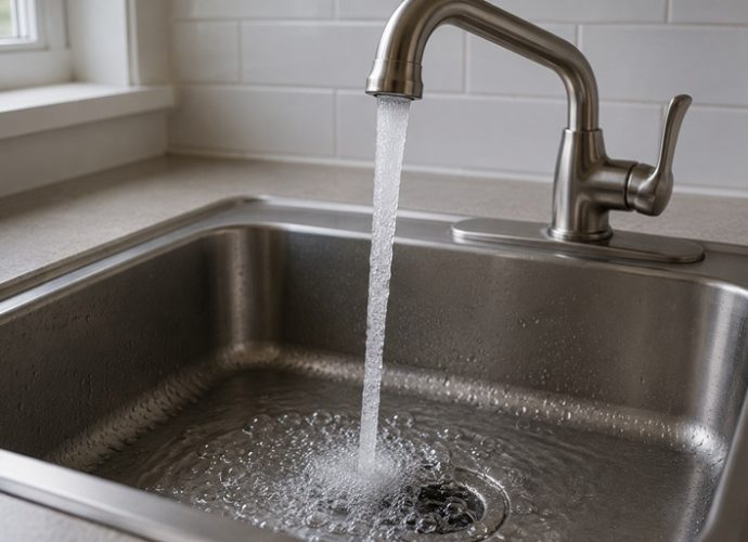 Water flowing from a kitchen faucet into a stainless-steel sink.