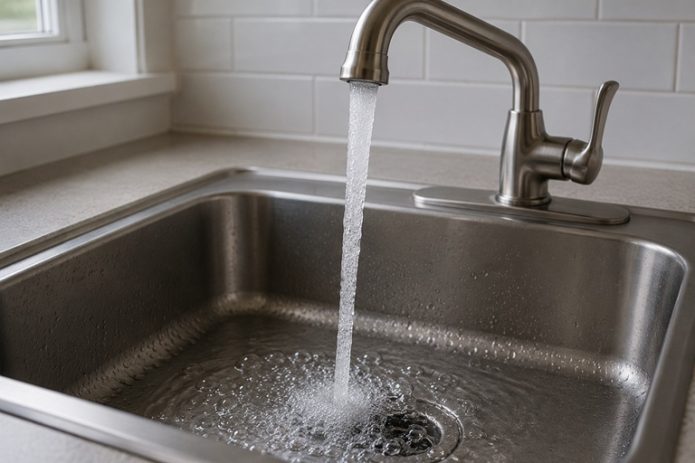 Water flowing from a kitchen faucet into a stainless-steel sink.