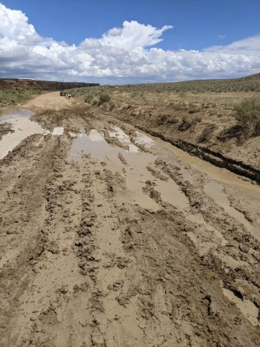 Deep tire ruts in a muddy dirt road on BLM-managed public land in Southern New Mexico.