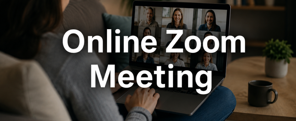 Person sitting on a couch participating in an online Zoom meeting on a laptop.