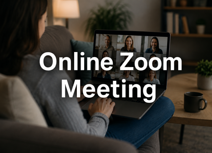 Person sitting on a couch participating in an online Zoom meeting on a laptop.