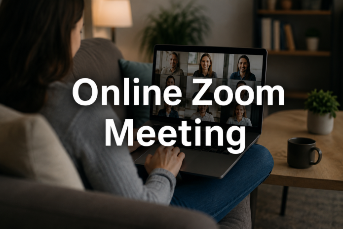 Person sitting on a couch participating in an online Zoom meeting on a laptop.
