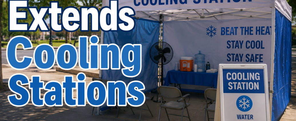 A public cooling station tent provides shade, water, fans, and seating as the City of Las Cruces extends cooling stations to help residents stay safe during extreme summer heat.
