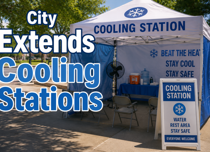 A public cooling station tent provides shade, water, fans, and seating as the City of Las Cruces extends cooling stations to help residents stay safe during extreme summer heat.