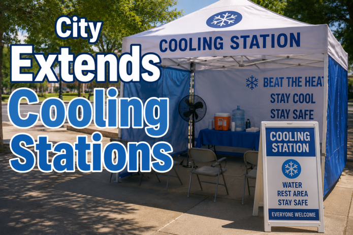 A public cooling station tent provides shade, water, fans, and seating as the City of Las Cruces extends cooling stations to help residents stay safe during extreme summer heat.