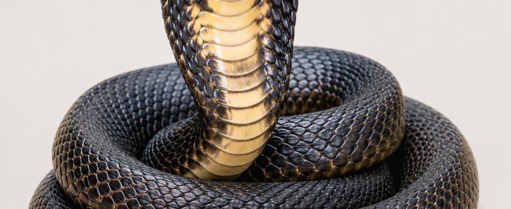Illustration of a coiled venomous cobra representing exotic snakes seized during an Albuquerque federal drug raid.