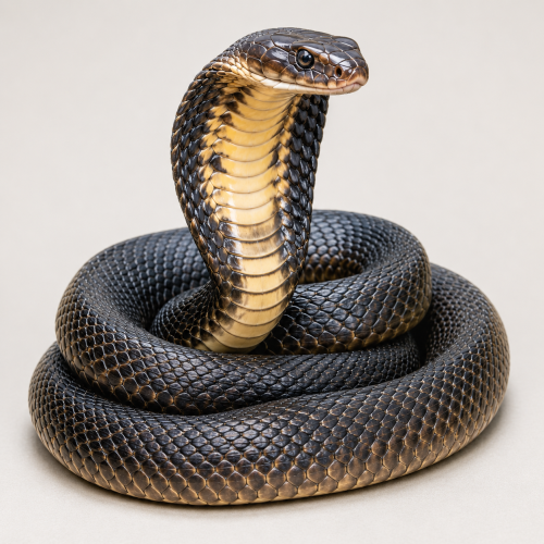 Illustration of a coiled venomous cobra representing exotic snakes seized during an Albuquerque federal drug raid.