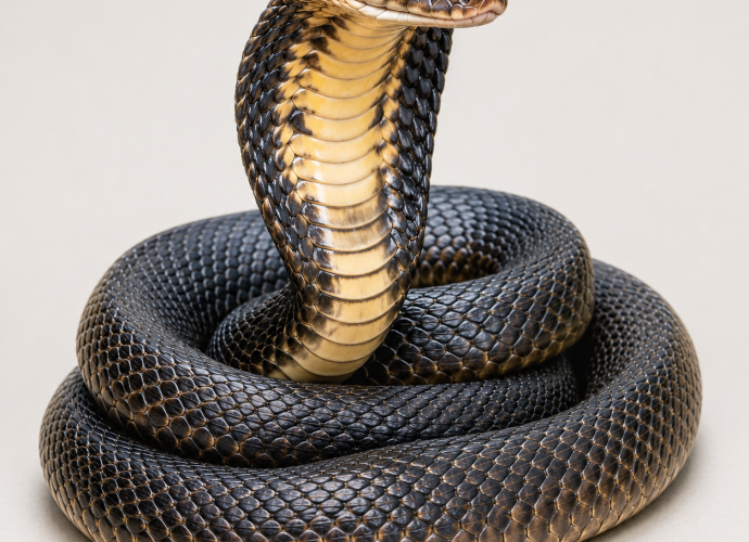 Illustration of a coiled venomous cobra representing exotic snakes seized during an Albuquerque federal drug raid.