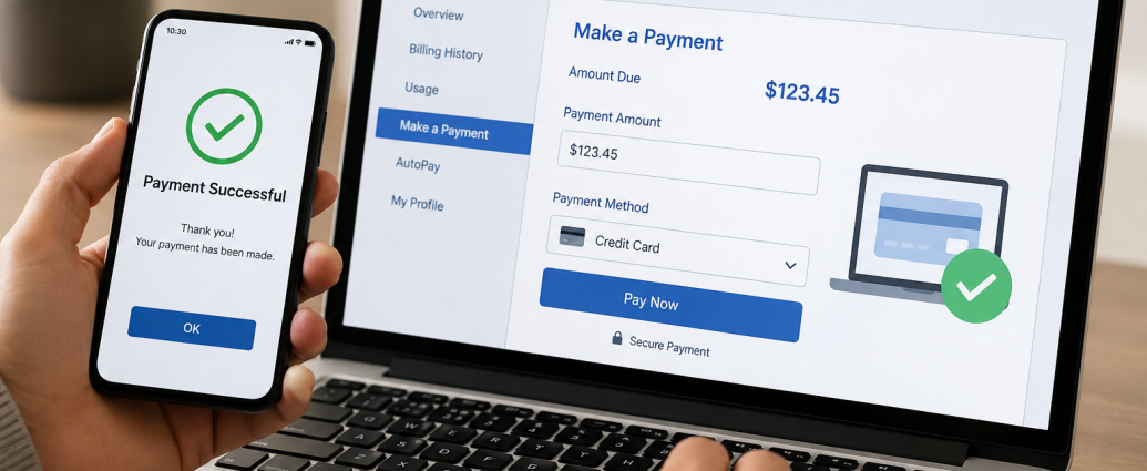 Illustration of a customer making an online utility bill payment using a laptop and smartphone.