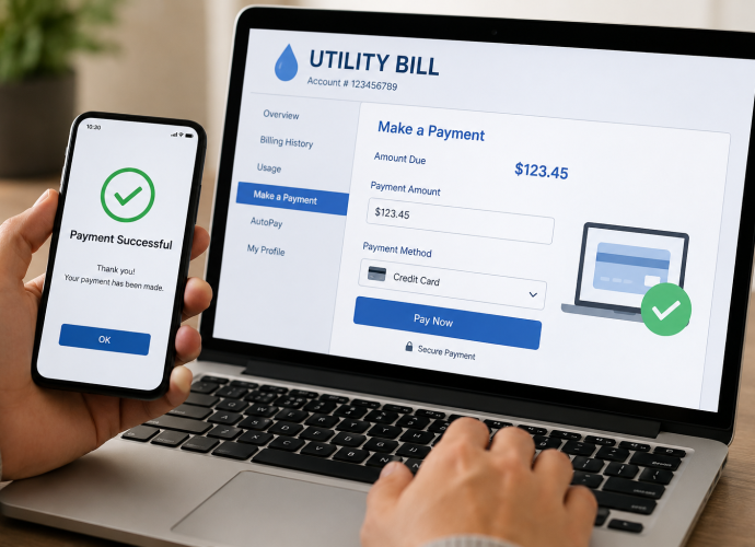 Illustration of a customer making an online utility bill payment using a laptop and smartphone.