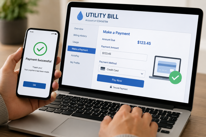 Illustration of a customer making an online utility bill payment using a laptop and smartphone.