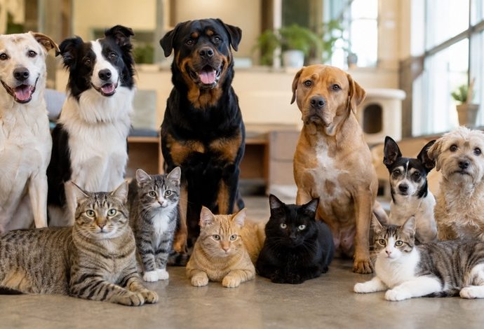 A mixed group of dogs and cats sitting together inside an animal shelter.