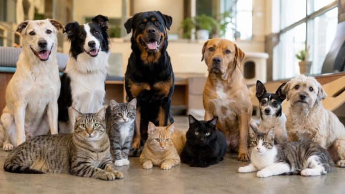 A mixed group of dogs and cats sitting together inside an animal shelter.