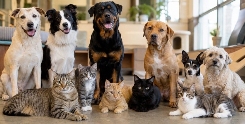 A mixed group of dogs and cats sitting together inside an animal shelter.