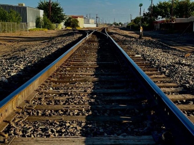 Railroad tracks near Brown Road in Las Cruces where a pedestrian was struck and killed by a southbound BNSF train on July 14, 2026.