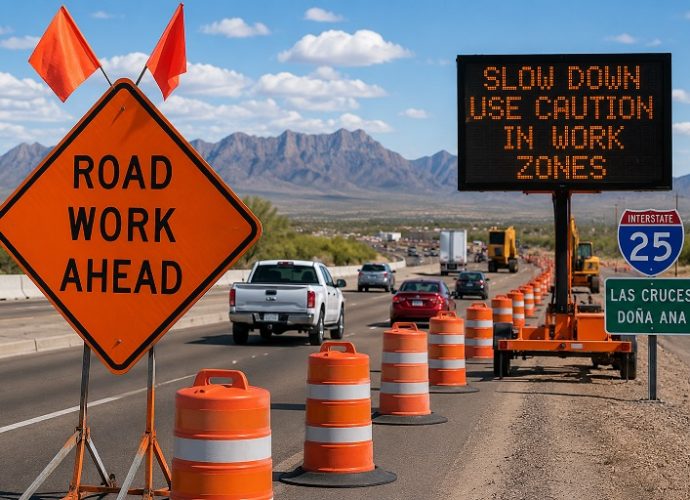 Orange construction barrels line a two-lane desert highway beneath the words “NMDOT District One Road Report.”