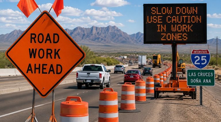 Orange construction barrels line a two-lane desert highway beneath the words “NMDOT District One Road Report.”