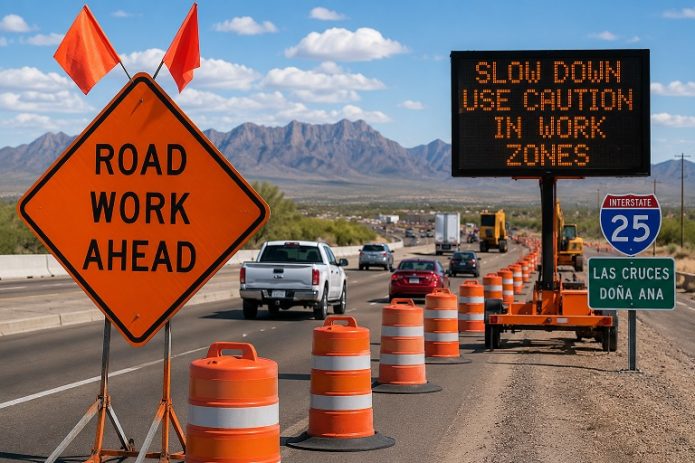 Road construction on Interstate 25 in Doña Ana County with traffic control devices and reduced speed zones.