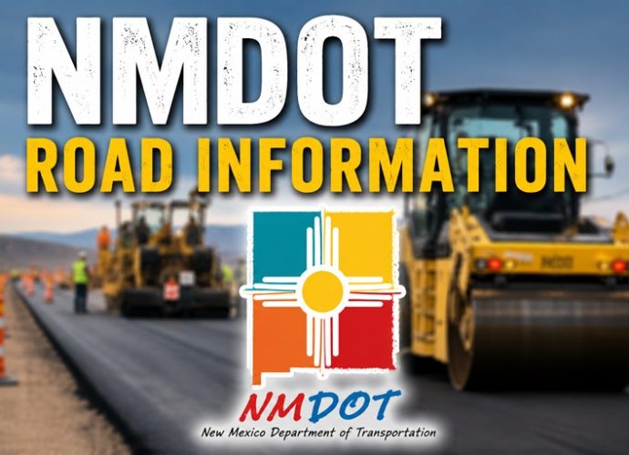 NMDOT Road Information graphic showing road construction equipment and the New Mexico Department of Transportation logo