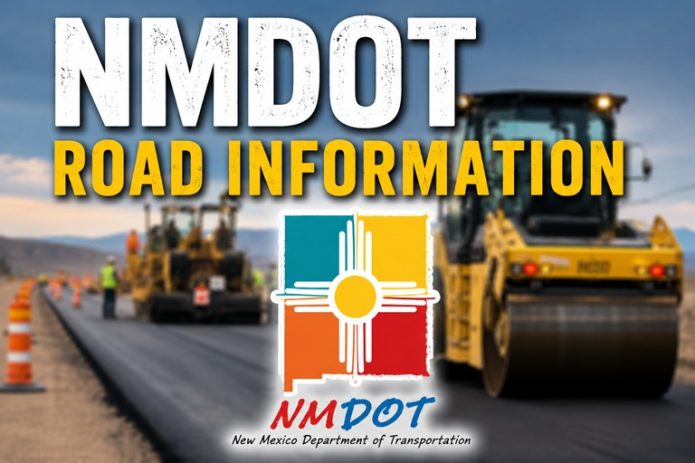 NMDOT Road Information graphic showing road construction equipment and the New Mexico Department of Transportation logo