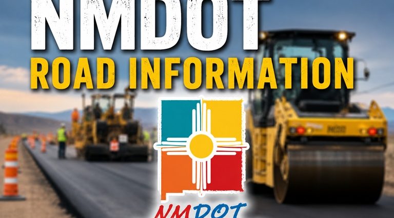 NMDOT Road Information graphic showing road construction equipment and the New Mexico Department of Transportation logo