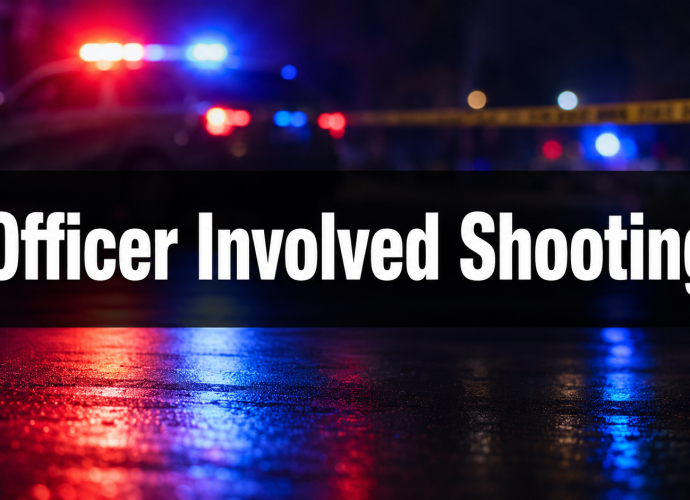 Blurred red and blue law-enforcement lights with yellow scene tape and the words “Officer Involved Shooting.”