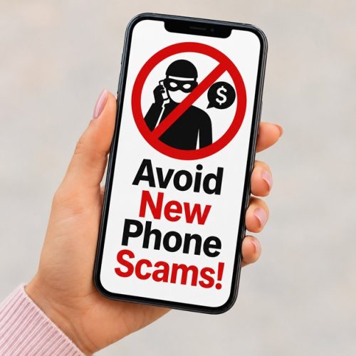 A woman holding a smartphone displaying the words "Avoid New Phone Scams!" with a red prohibition symbol over a scammer icon.