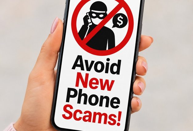 A woman holding a smartphone displaying the words "Avoid New Phone Scams!" with a red prohibition symbol over a scammer icon.