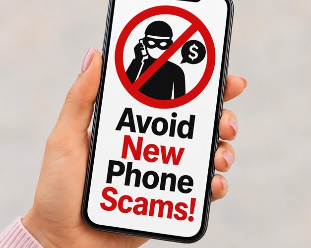 A woman holding a smartphone displaying the words "Avoid New Phone Scams!" with a red prohibition symbol over a scammer icon.