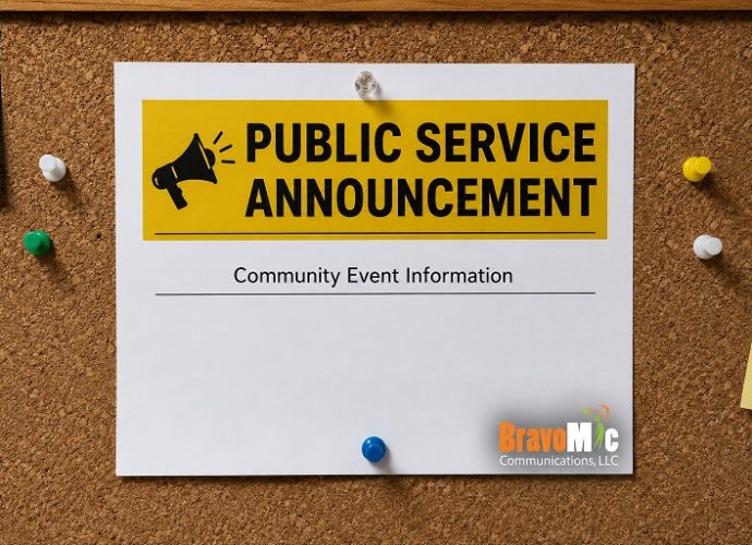 Public Service Announcement bulletin board with Bravo Mic Communications logo