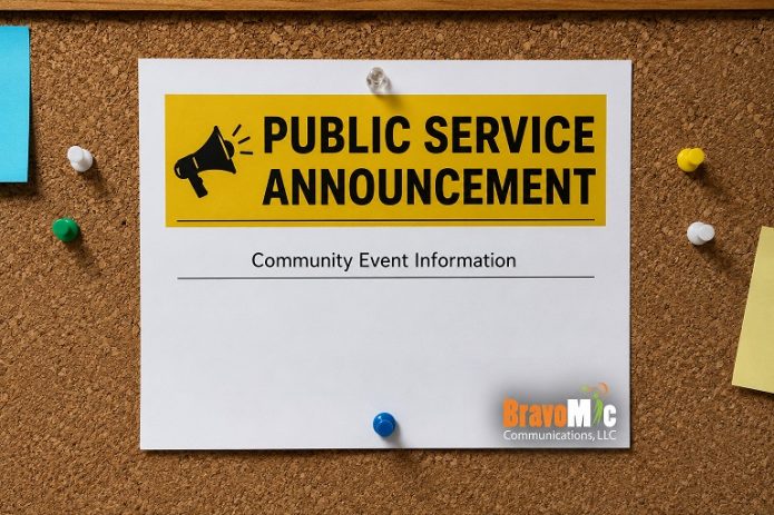 Public Service Announcement bulletin board with Bravo Mic Communications logo