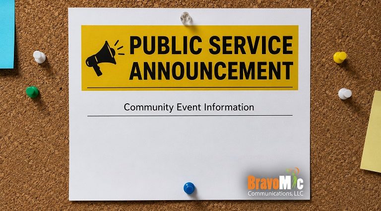 Public Service Announcement bulletin board with Bravo Mic Communications logo
