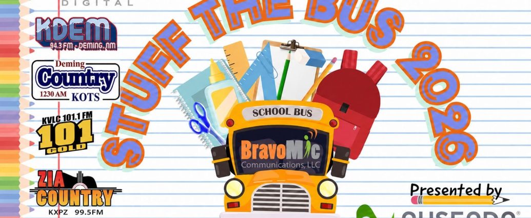 Stuff the Bus 2026 graphic promoting a school supply drive for Las Cruces students.