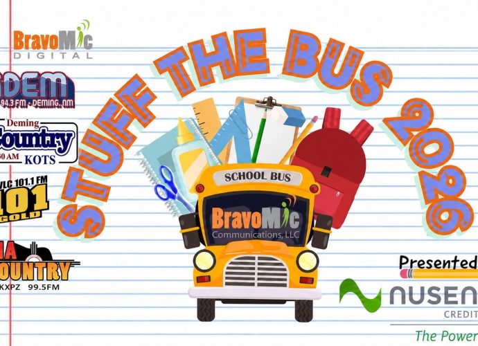 Stuff the Bus 2026 graphic promoting a school supply drive for Las Cruces students.