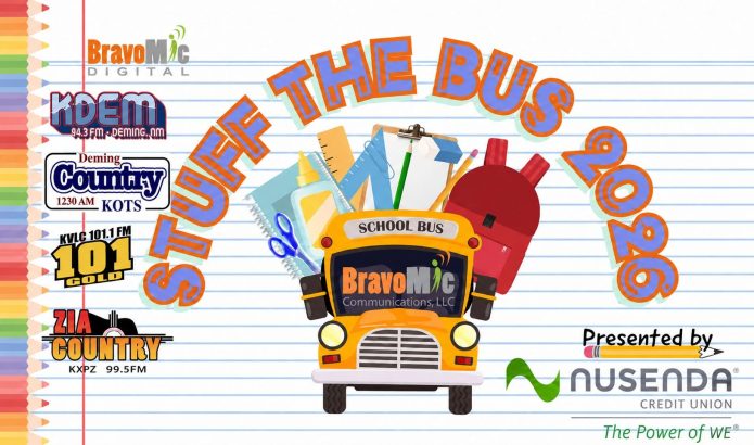 Stuff the Bus 2026 graphic promoting a school supply drive for Las Cruces students.
