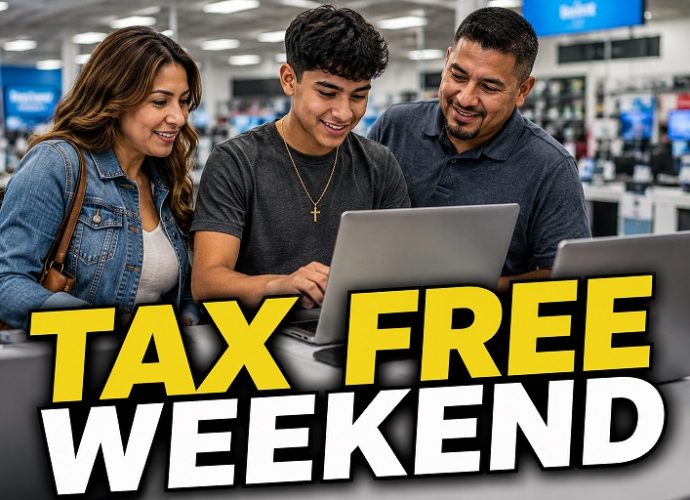Hispanic family shops for a laptop during New Mexico's Tax Free Weekend at an electronics store before the start of the school year.